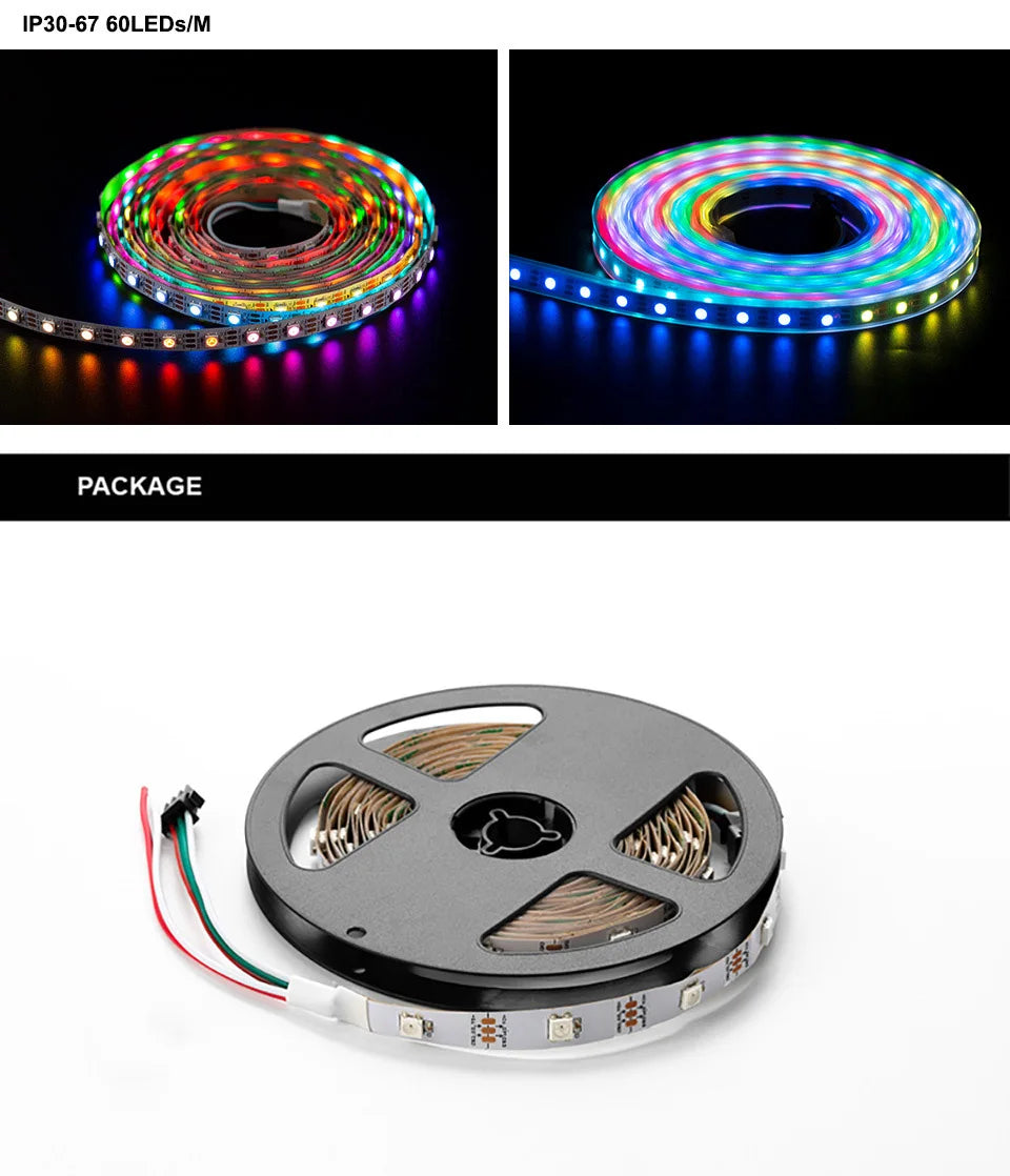 WS2812B Led Strip WS2812 RGB Individually Addressable Smart Led Lights Strip Black White PCB IP30/65/67 Waterproof 0.3W/LED DC5V