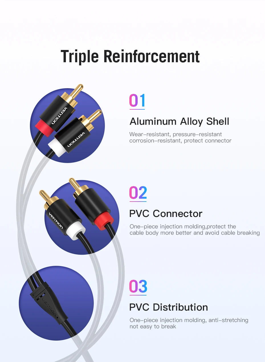 Vention 2RCA to 2RCA Audio Cable Gold-Plated 2RCA Male to Male Aux Cable 1m 2m for TV Amplifier Home Theater Speaker Cable RCA