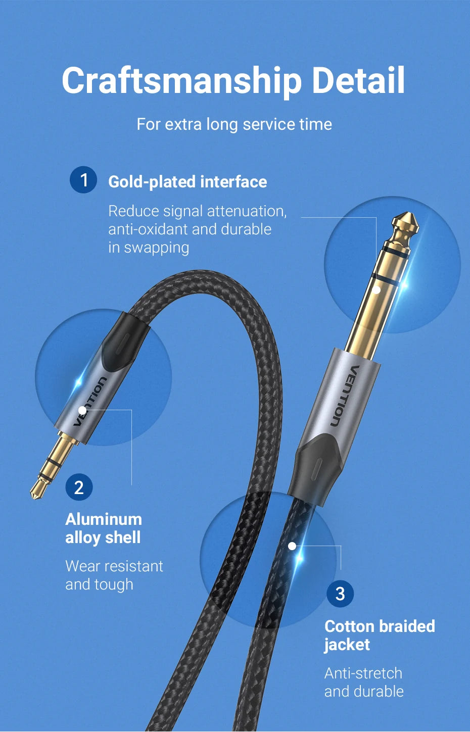Vention 3.5mm to 6.35mm Adapter Aux Cable for Mixer Amplifier Gold Plated 3.5 Jack to 6.5 Jack 0.5m 3m 5m Aux Cabo Male to Male