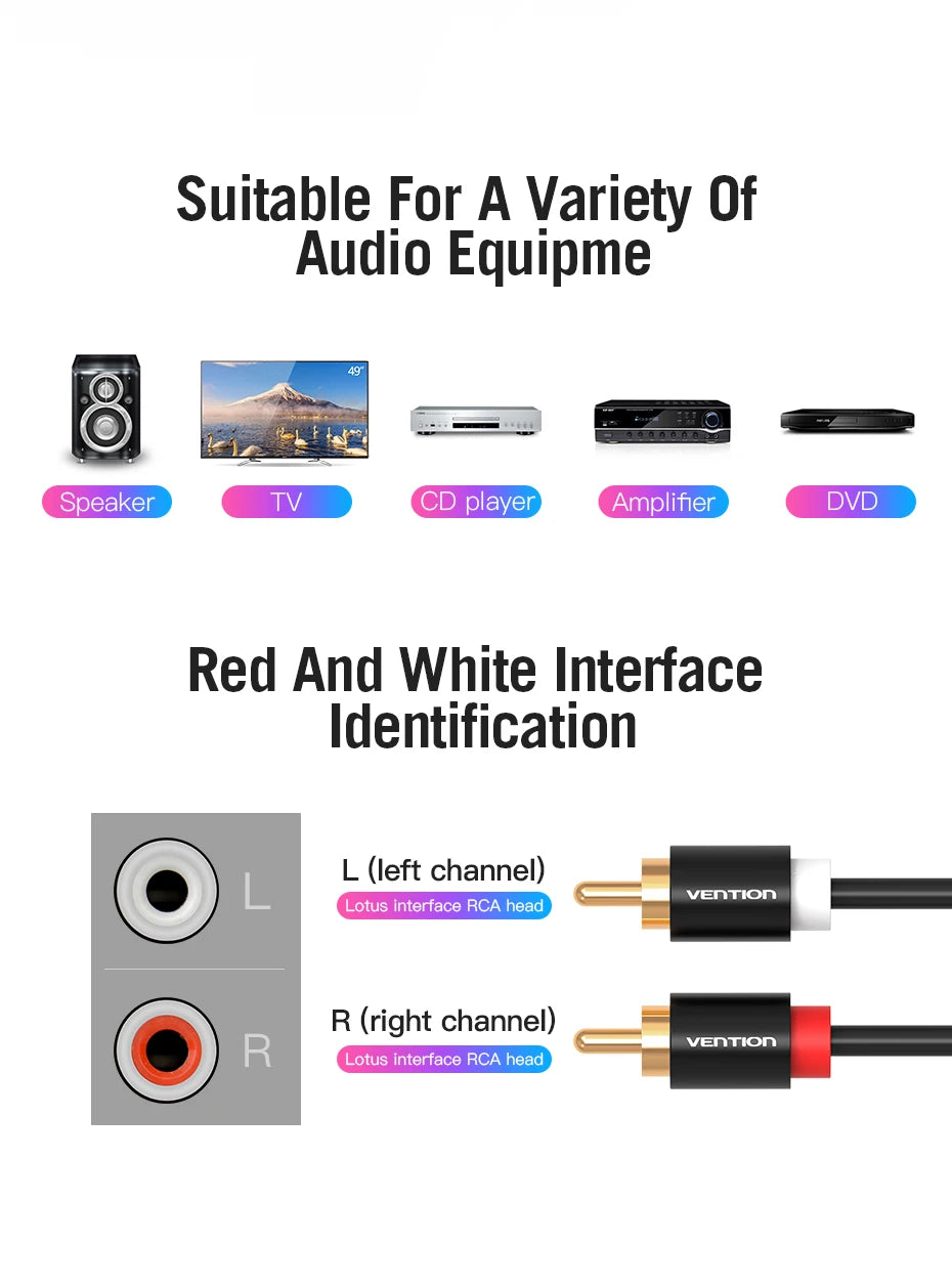 Vention 2RCA to 2RCA Audio Cable Gold-Plated 2RCA Male to Male Aux Cable 1m 2m for TV Amplifier Home Theater Speaker Cable RCA