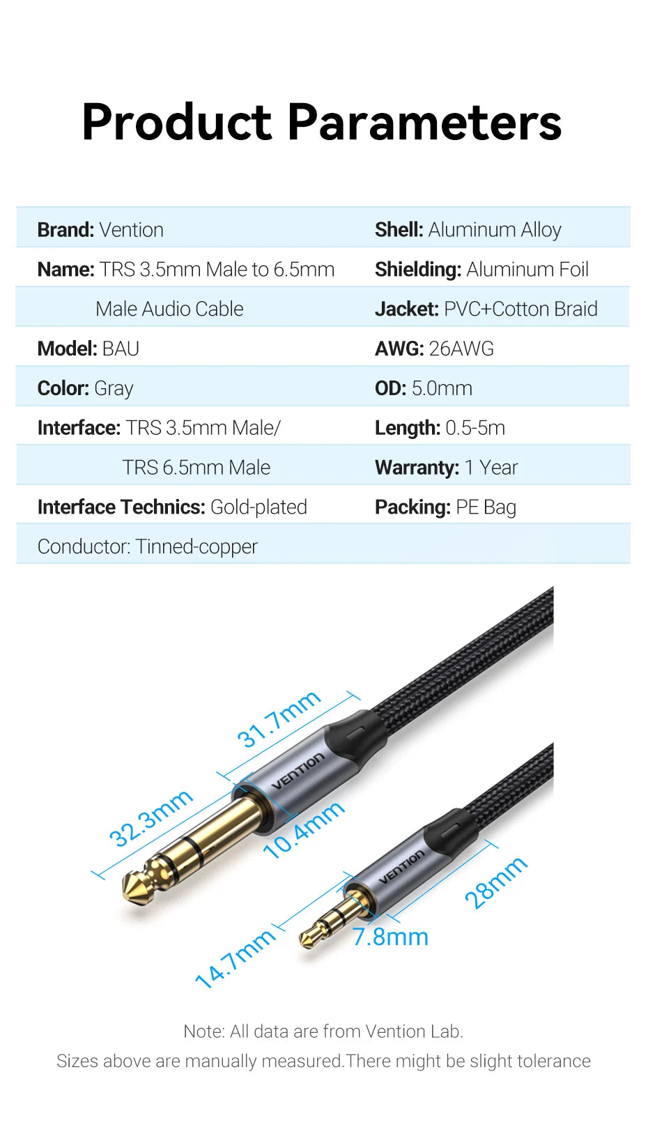 Vention 3.5mm to 6.35mm Adapter Aux Cable for Mixer Amplifier Gold Plated 3.5 Jack to 6.5 Jack 0.5m 3m 5m Aux Cabo Male to Male
