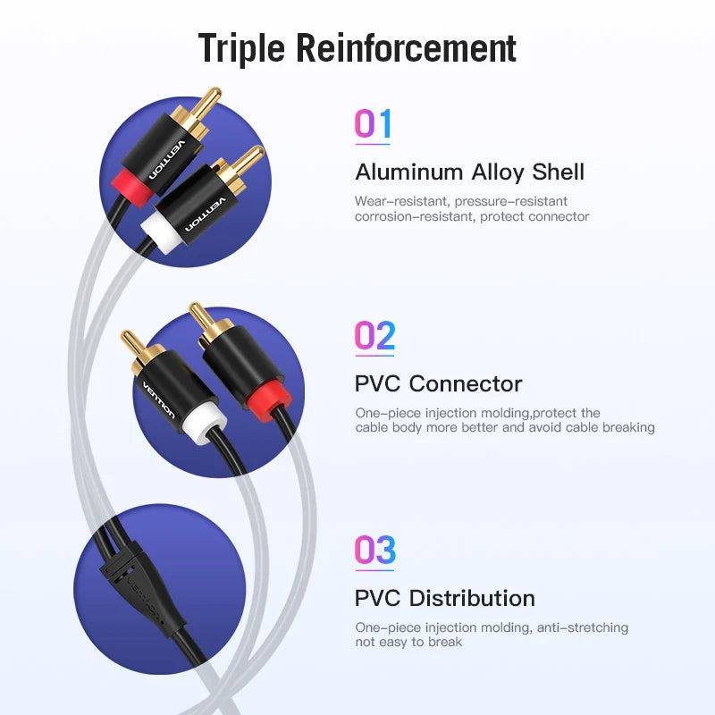 Vention 2RCA to 2RCA Audio Cable Gold-Plated 2RCA Male to Male Aux Cable 1m 2m for TV Amplifier Home Theater Speaker Cable RCA