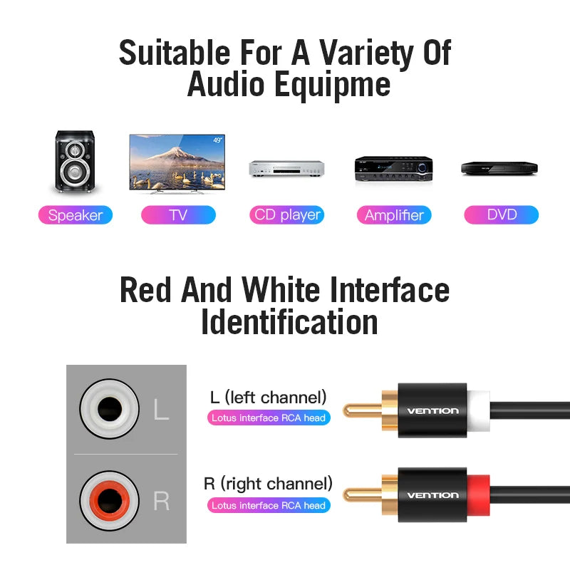 Vention 2RCA to 2RCA Audio Cable Gold-Plated 2RCA Male to Male Aux Cable 1m 2m for TV Amplifier Home Theater Speaker Cable RCA