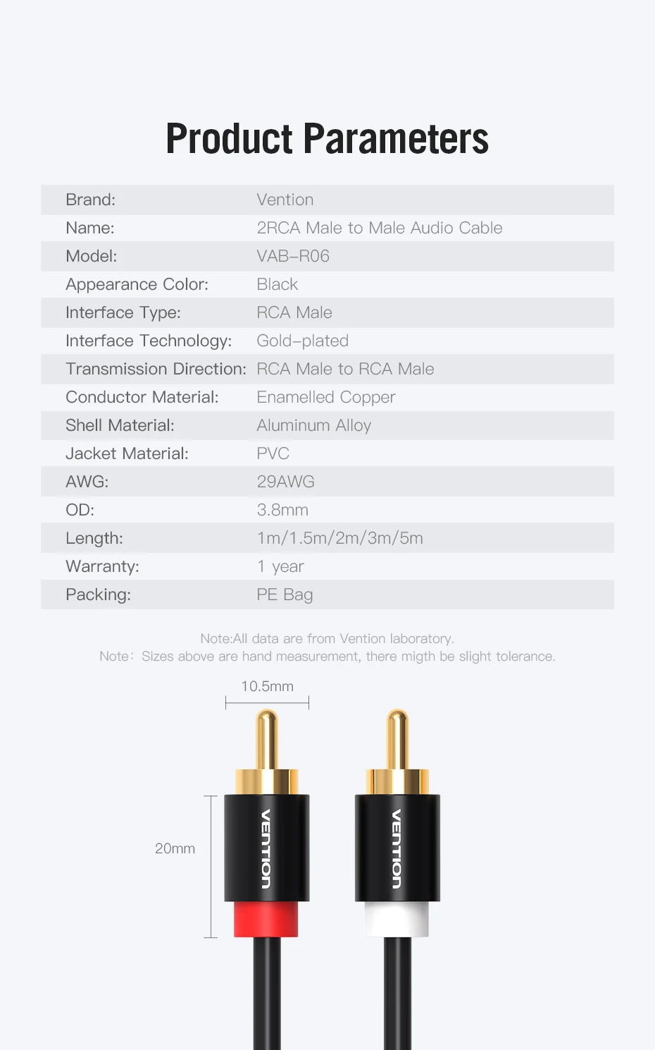 Vention 2RCA to 2RCA Audio Cable Gold-Plated 2RCA Male to Male Aux Cable 1m 2m for TV Amplifier Home Theater Speaker Cable RCA