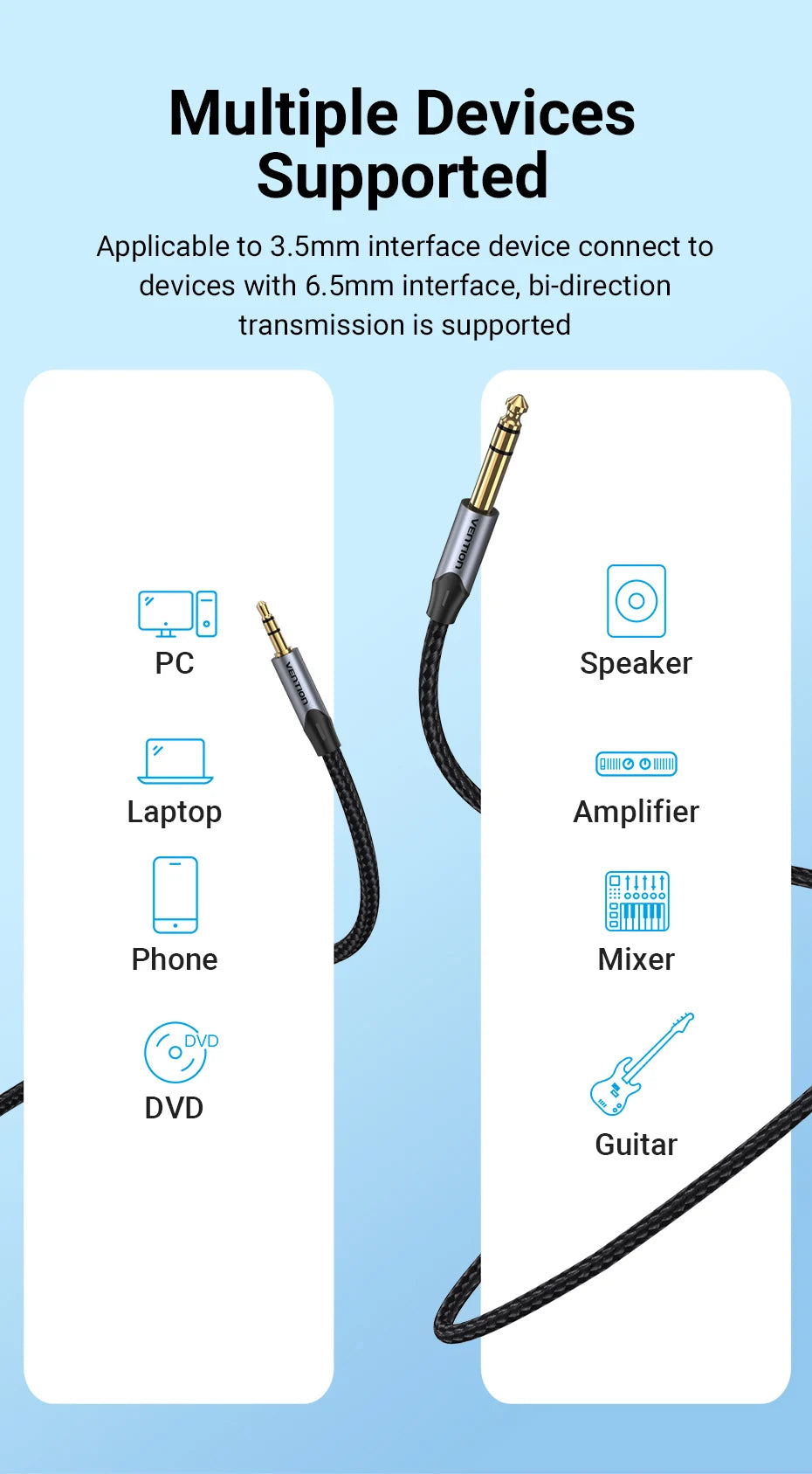 Vention 3.5mm to 6.35mm Adapter Aux Cable for Mixer Amplifier Gold Plated 3.5 Jack to 6.5 Jack 0.5m 3m 5m Aux Cabo Male to Male