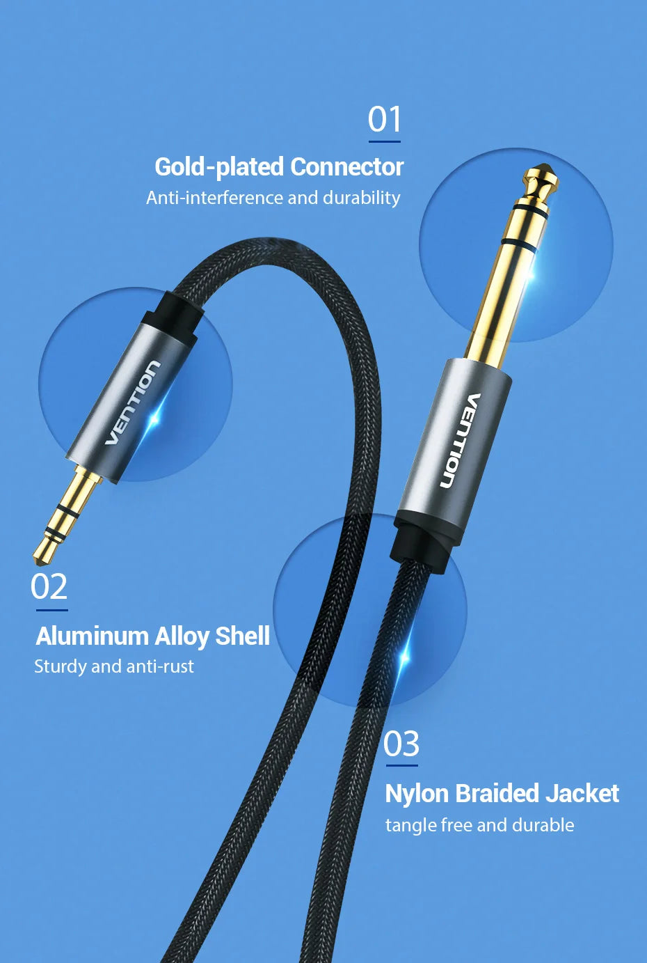 Vention 3.5mm to 6.35mm Adapter Aux Cable for Mixer Amplifier Gold Plated 3.5 Jack to 6.5 Jack 0.5m 3m 5m Aux Cabo Male to Male