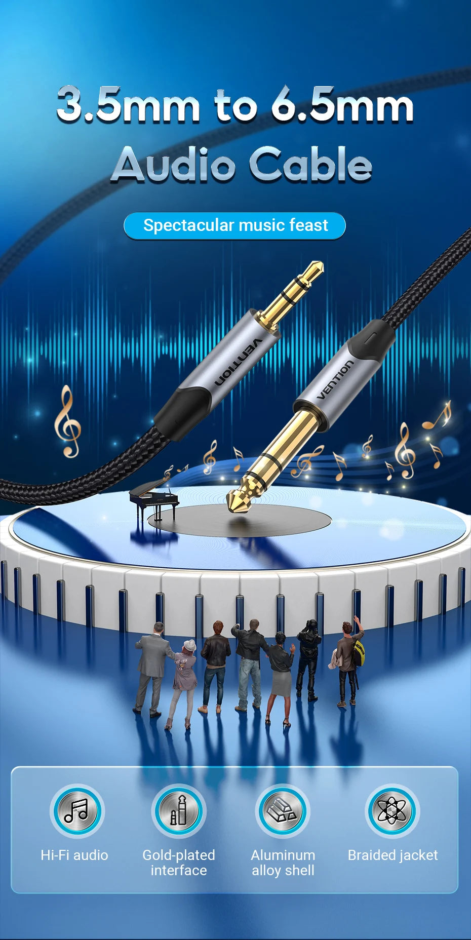 Vention 3.5mm to 6.35mm Adapter Aux Cable for Mixer Amplifier Gold Plated 3.5 Jack to 6.5 Jack 0.5m 3m 5m Aux Cabo Male to Male