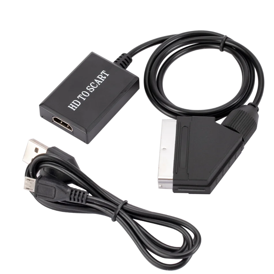 1080P HDMI-compatible to SCART Video Audio Upscale Converter Adapter for HD TV DVD for Sky Box STB Plug and Play DC Cable