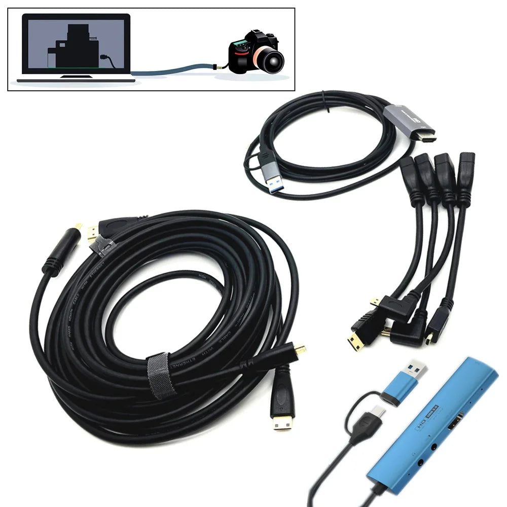 2in1 USB & Type-C to Micro / Mini HDMI-compatible Video Capture Card Live Streaming Cable for Sony Canon Nikon Fuji Camera PC 4K