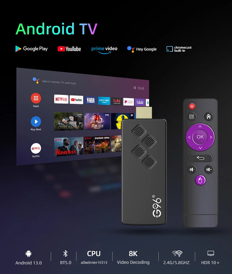 Global Version Android13 G96 TV Stick 8K HDR Portable Streaming Media 2GB16GB Multi Language TV Dongle Allwinner H313 Quad Core
