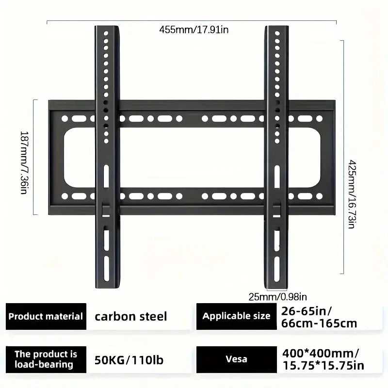 Fixed TV Wall Mount Bracket for 26-65 Inch Screens, Metal, VESA Mount 400x400mm,Load-Bearing 50Kg/110lb Secure Mounting for Home