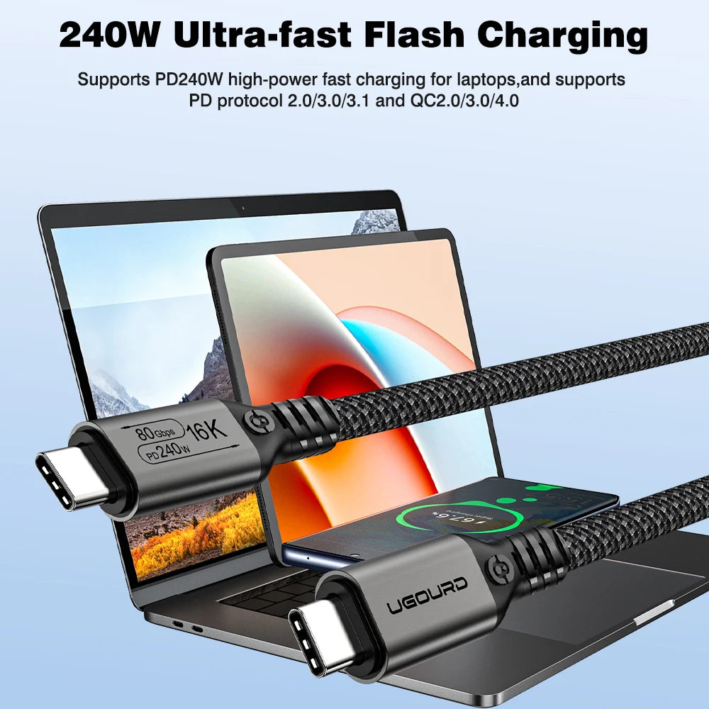 UGOURD 80Gbps Thunderbolt 5 Cable Certified Chip USB-C Thunderbolt5 2m 0.3m 120Gbps 240W 16K for MacBook M.2 Hard Drive USB4-V2