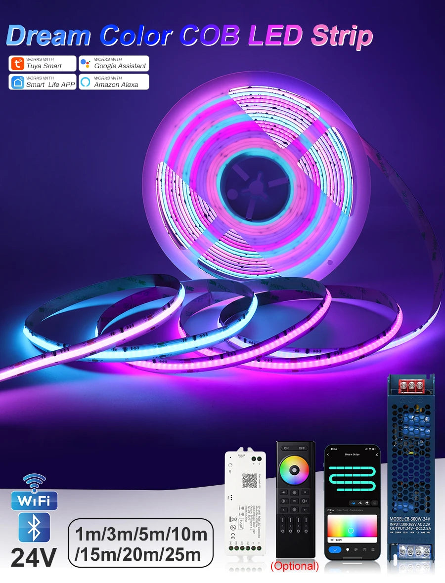 1-25M RGB Addressable COB LED Strip Light 24V WS2811 Pixel LED Strip Tuya WiFi RGBIC LED Ribbon Light Kit For TV Room decoration
