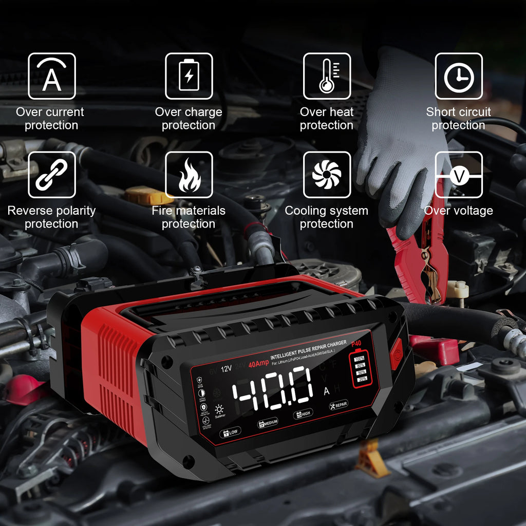 HTRC 40A Battery Charger 6V/12V/24V Automatic Charger for Lithium AGM GEL LiFePO4 Lead-Acid Batteries Car Motorcycle Charger