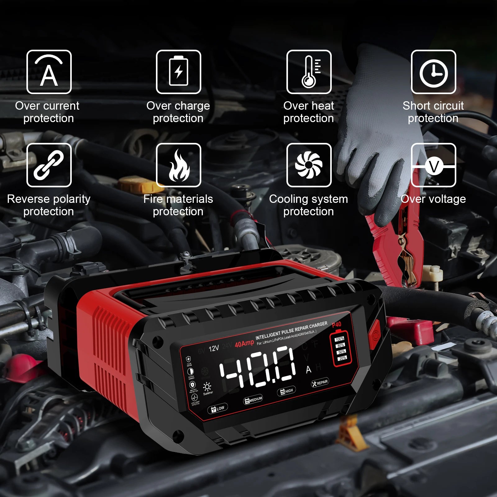 HTRC 40A Battery Charger 6V/12V/24V Automatic Charger for Lithium AGM GEL LiFePO4 Lead-Acid Batteries Car Motorcycle Charger