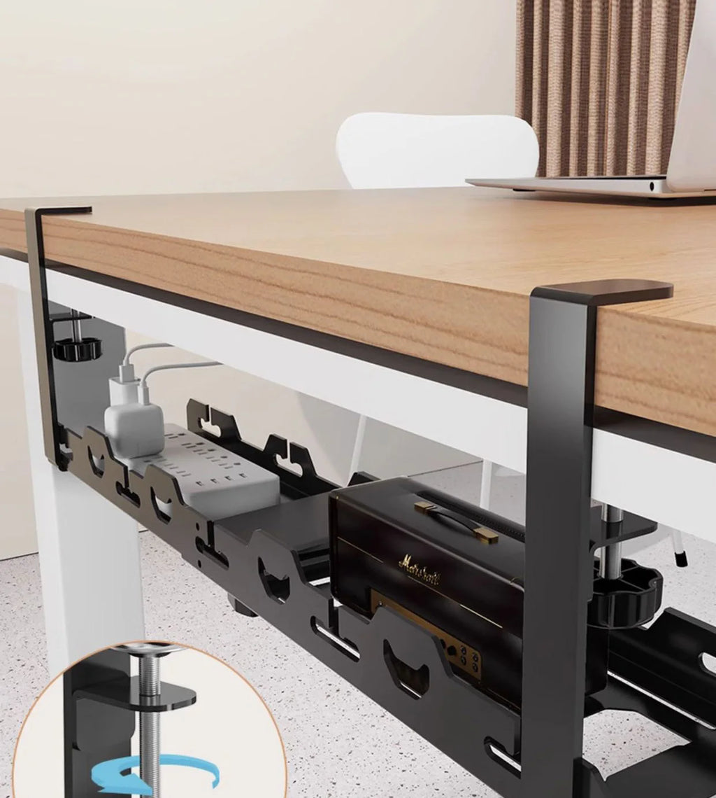 No Drilling Extendable Under Desk Cable Management Metal Cable Tray Under Desk With Clamp Retractable Power Strip Cord Holder