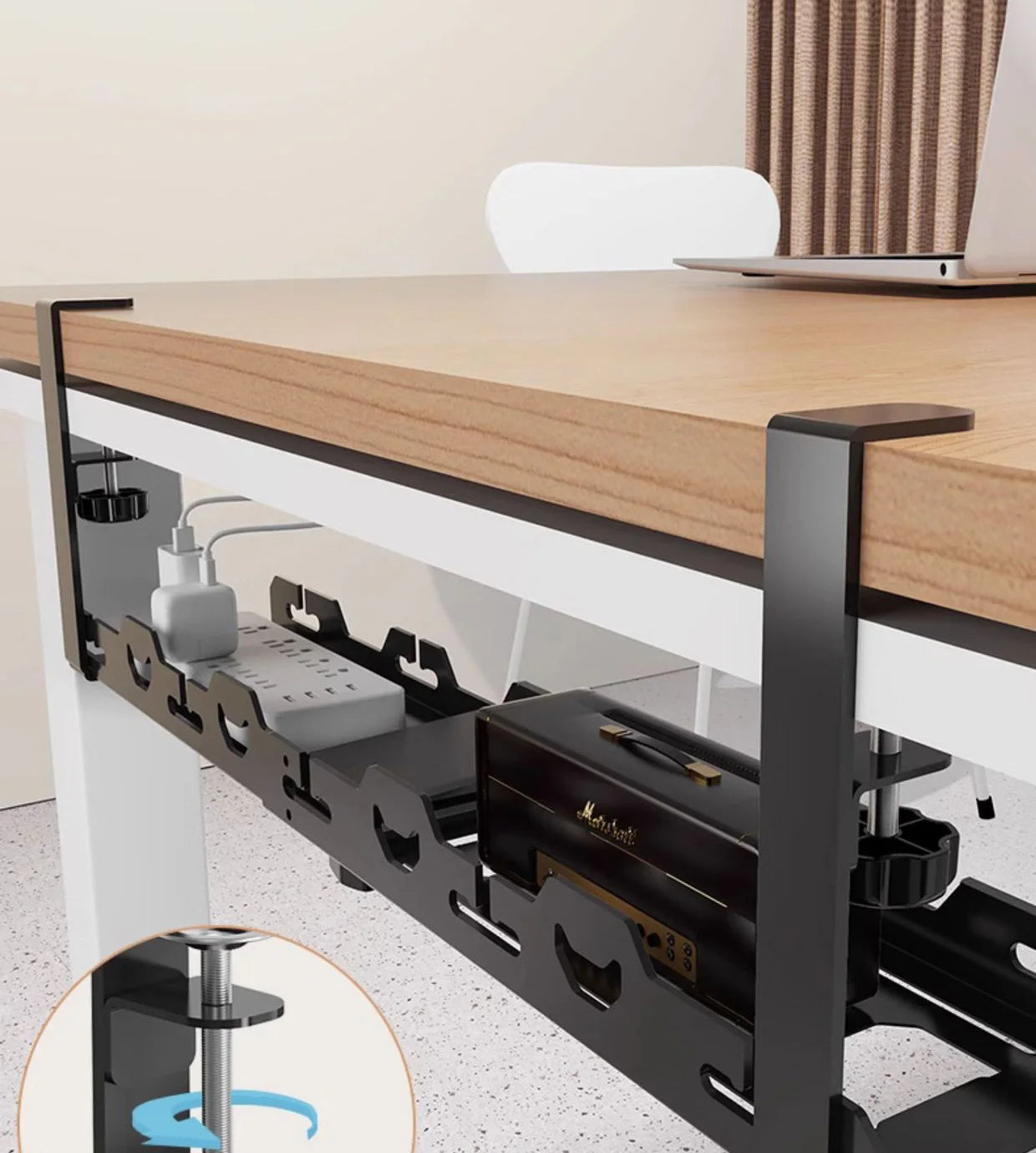 No Drilling Extendable Under Desk Cable Management Metal Cable Tray Under Desk With Clamp Retractable Power Strip Cord Holder