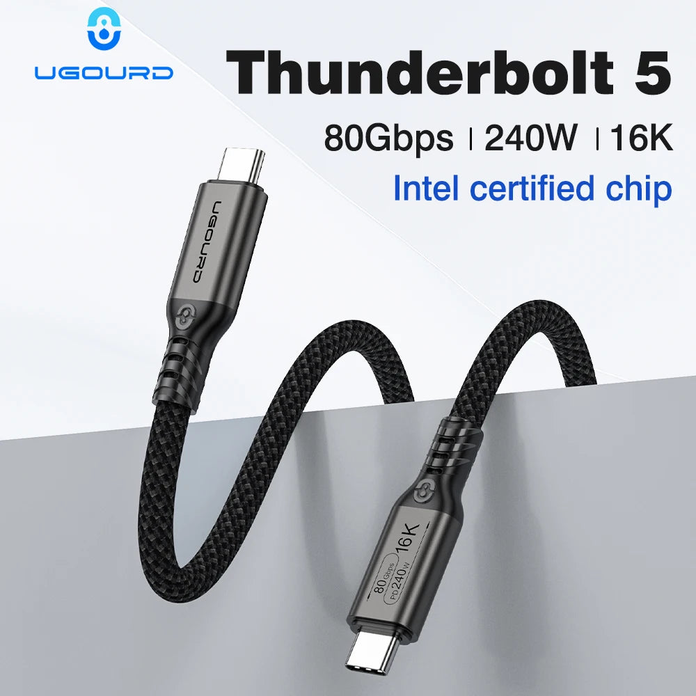 UGOURD 80Gbps Thunderbolt 5 Cable Certified Chip USB-C Thunderbolt5 2m 0.3m 120Gbps 240W 16K for MacBook M.2 Hard Drive USB4-V2