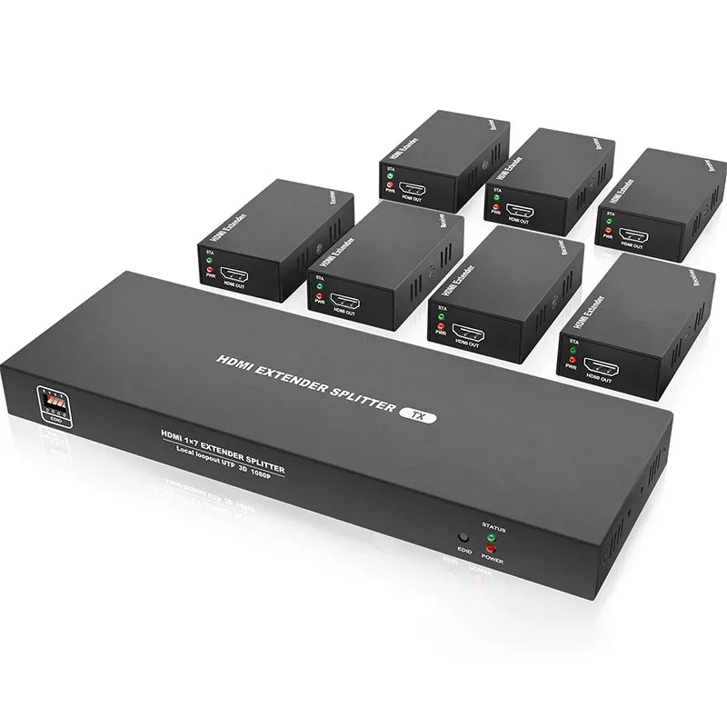 1080P HDMI Rj45 Extender By Ethernet Cat6 Cable 60m Video Transmitter Receiver Kit 1X1 1X2 1X4 1X7 Splitter