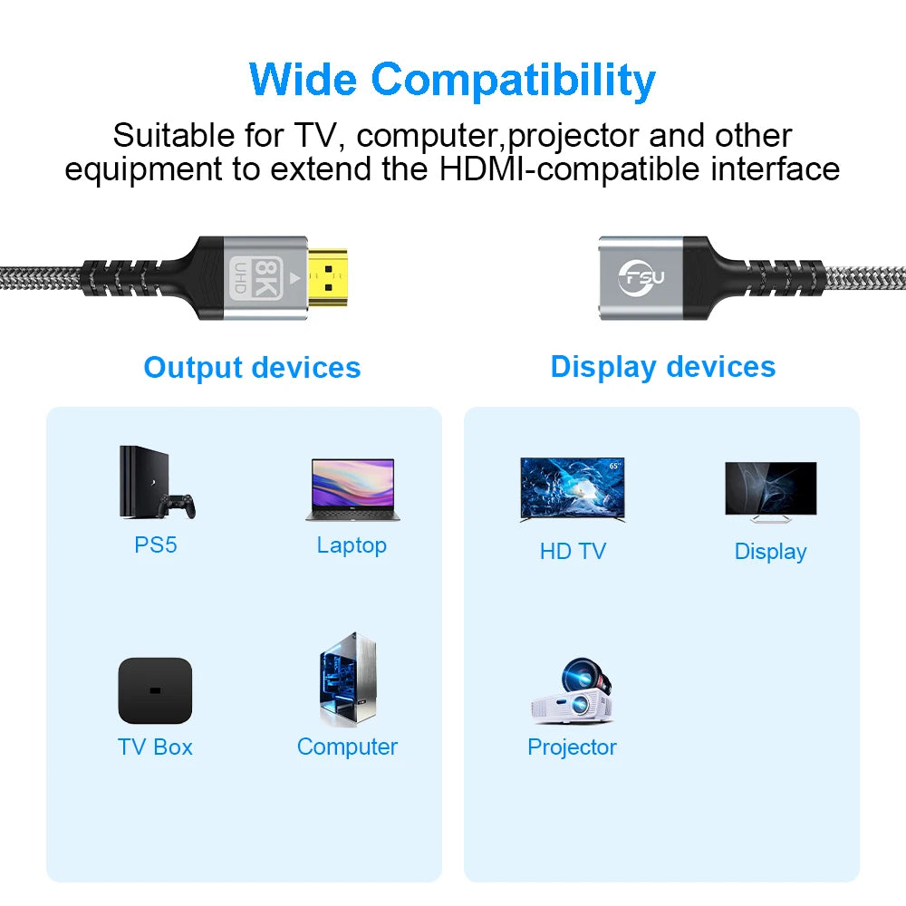 FSU 8K HDMI-compatible Extender cable,Male to Female Adapter,4K@120Hz 8K@60Hz 2.1 48Gbps,Compatible with PS5,PS4,TV PC,Blu-ray