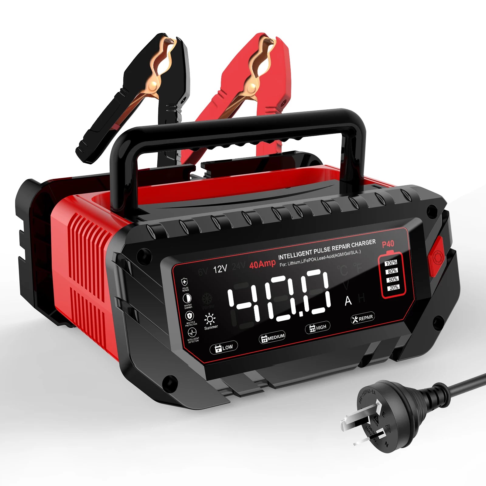 HTRC 40A Battery Charger 6V/12V/24V Automatic Charger for Lithium AGM GEL LiFePO4 Lead-Acid Batteries Car Motorcycle Charger
