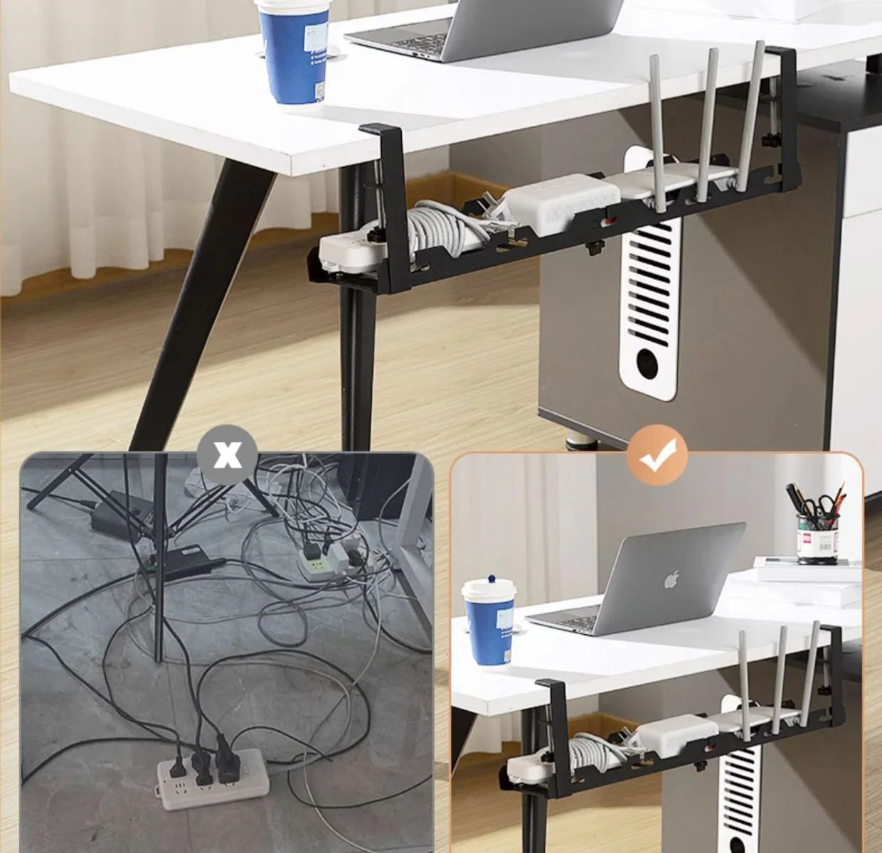 No Drilling Extendable Under Desk Cable Management Metal Cable Tray Under Desk With Clamp Retractable Power Strip Cord Holder