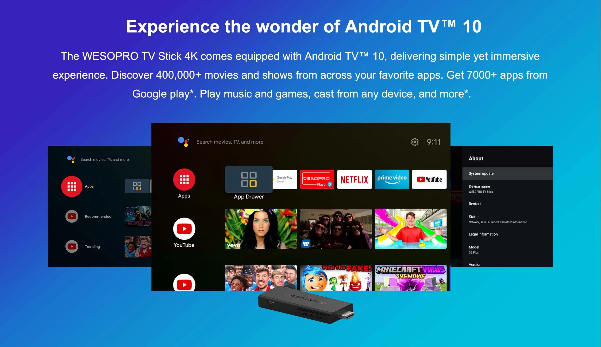 WESOPRO Android TV Stick G2 Lite Plus IPTV Dongle 1GB 2GB RAM 8GB ROM 2.4GHz 5.0GHz Wifi 4K Decoding Streaming Media Fire Stick