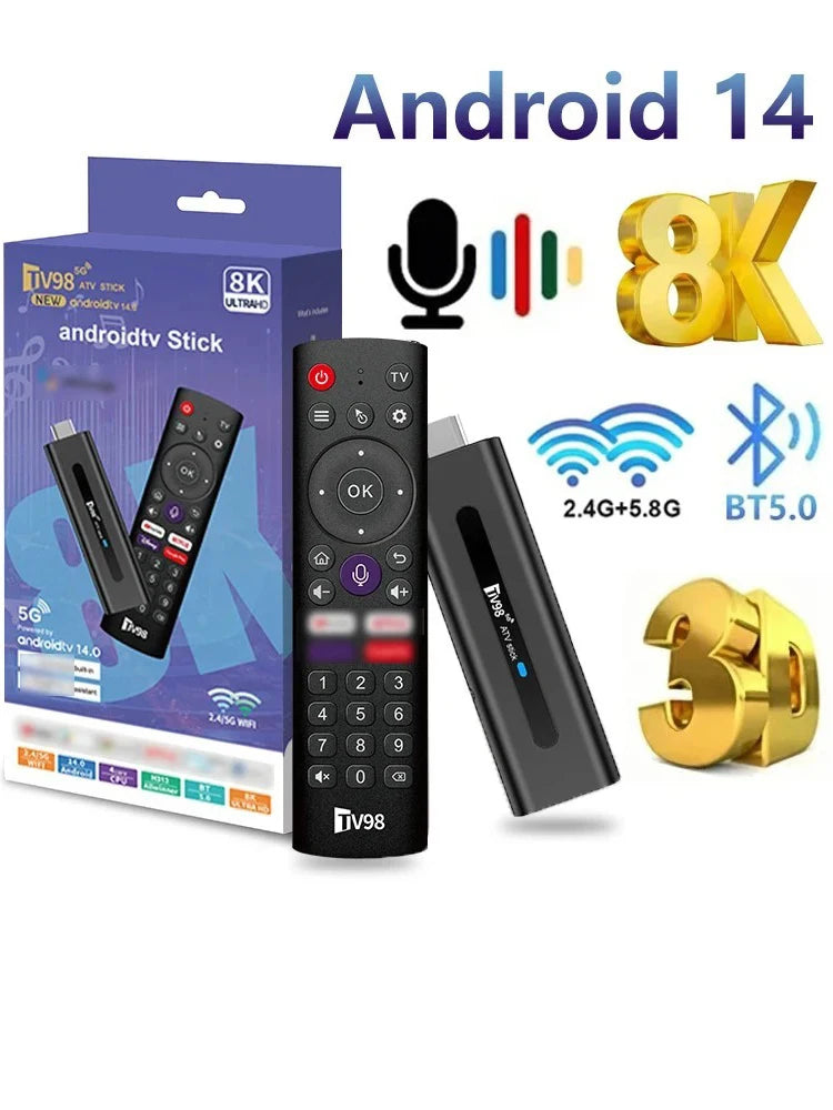 TV98 ATV Android 14 Smart TV Stick 8K 2.4G 5G Dual WiFi BT 5.0 Set Top Box HDR10 Voice remote TV Box Allwinner H313 Media Player