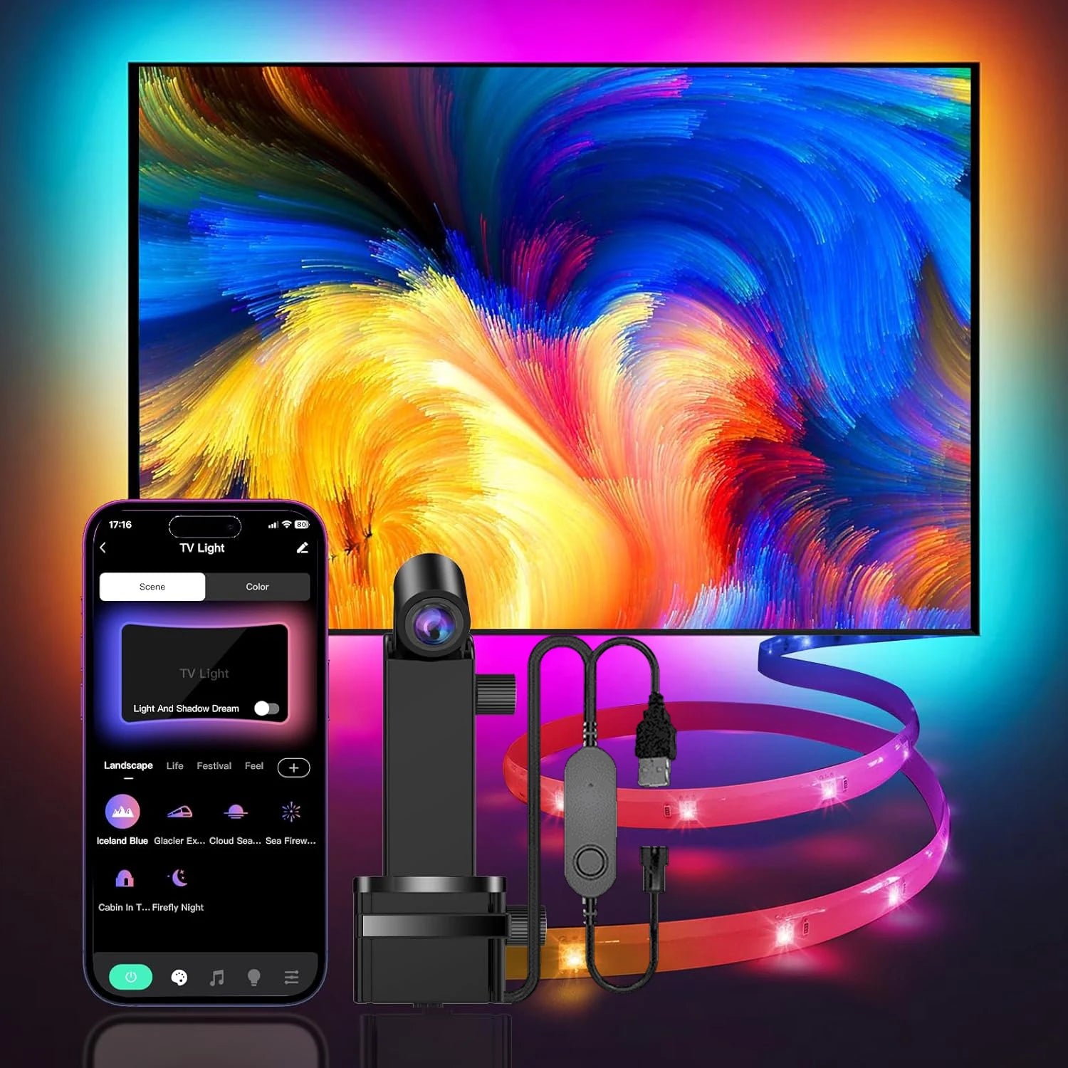 EISSLOLY Smart AR Color Gamut Sensor APP Control RGBIC LED Light Strip for TV Backlight  Gaming livingroom atmosphere Decoration