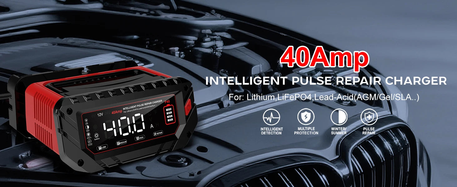 HTRC 40A Battery Charger 6V/12V/24V Automatic Charger for Lithium AGM GEL LiFePO4 Lead-Acid Batteries Car Motorcycle Charger