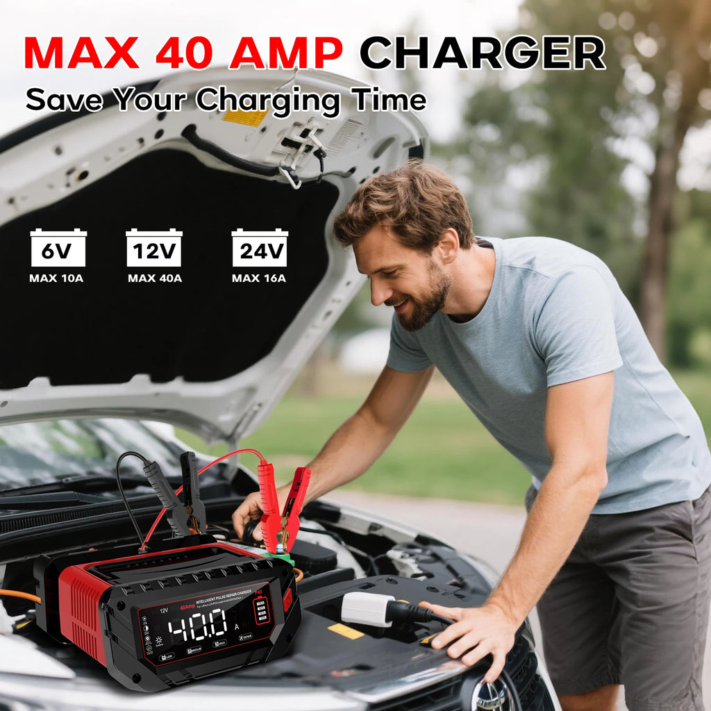HTRC 40A Battery Charger 6V/12V/24V Automatic Charger for Lithium AGM GEL LiFePO4 Lead-Acid Batteries Car Motorcycle Charger