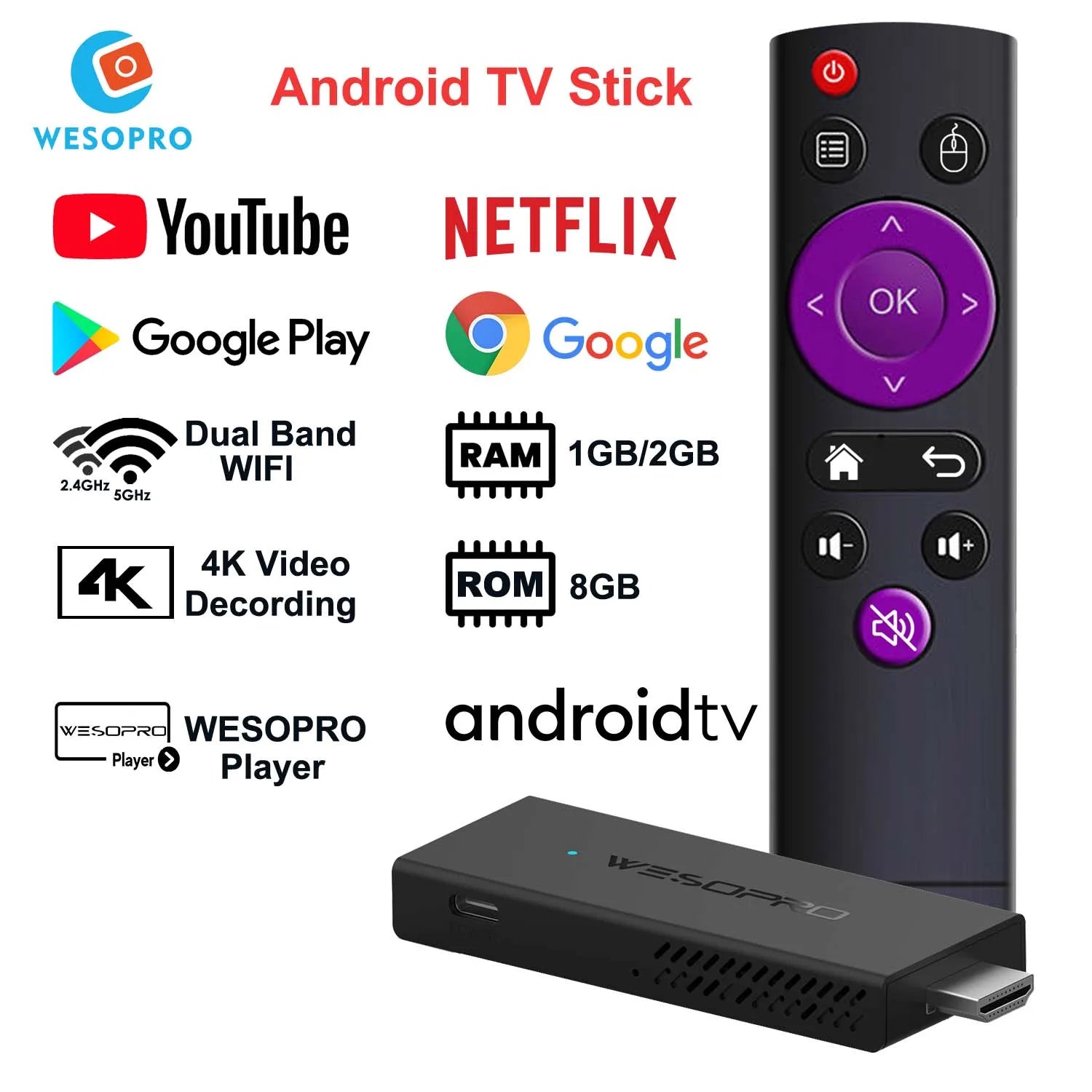 WESOPRO Android TV Stick G2 Lite Plus IPTV Dongle 1GB 2GB RAM 8GB ROM 2.4GHz 5.0GHz Wifi 4K Decoding Streaming Media Fire Stick