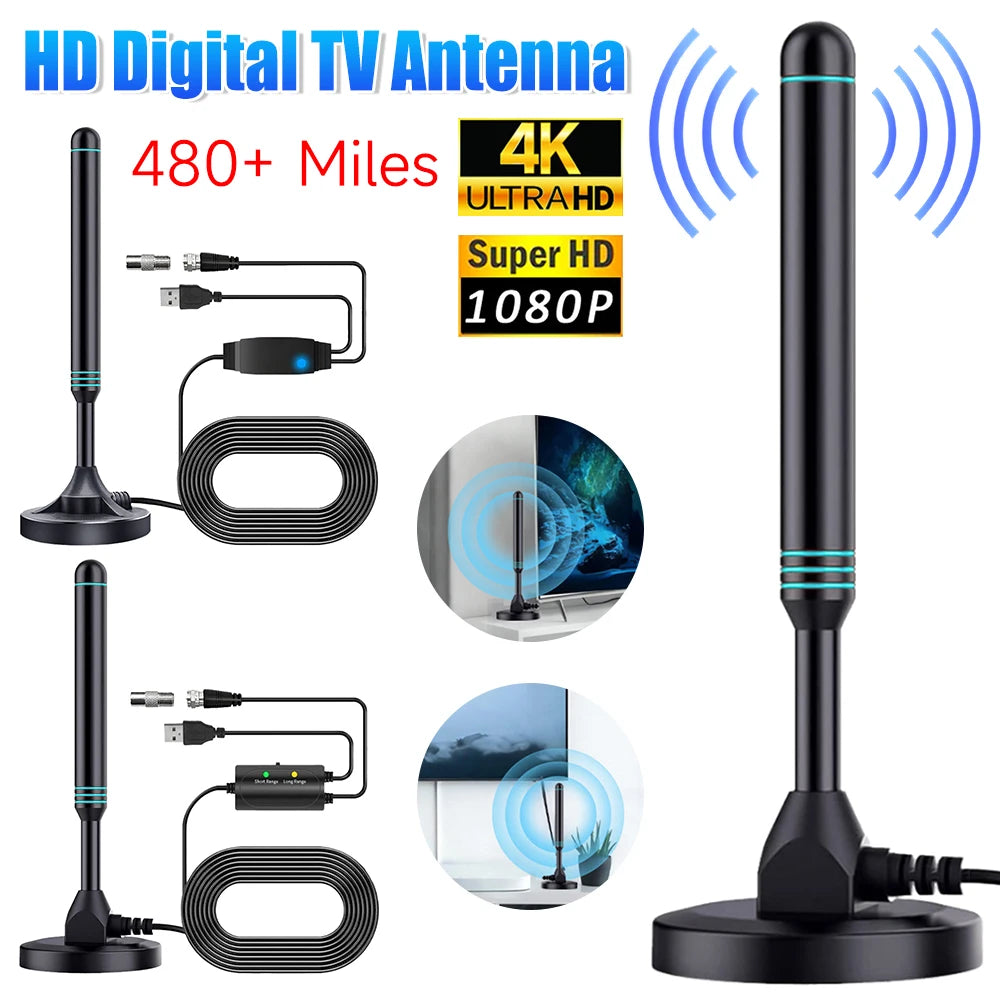4K/1080P HD Digital TV Antenna with Signal Amplifier 480+ Miles Indoor Outdoor Antenna Magnetic Base VHF UHF Digital HD Aerial