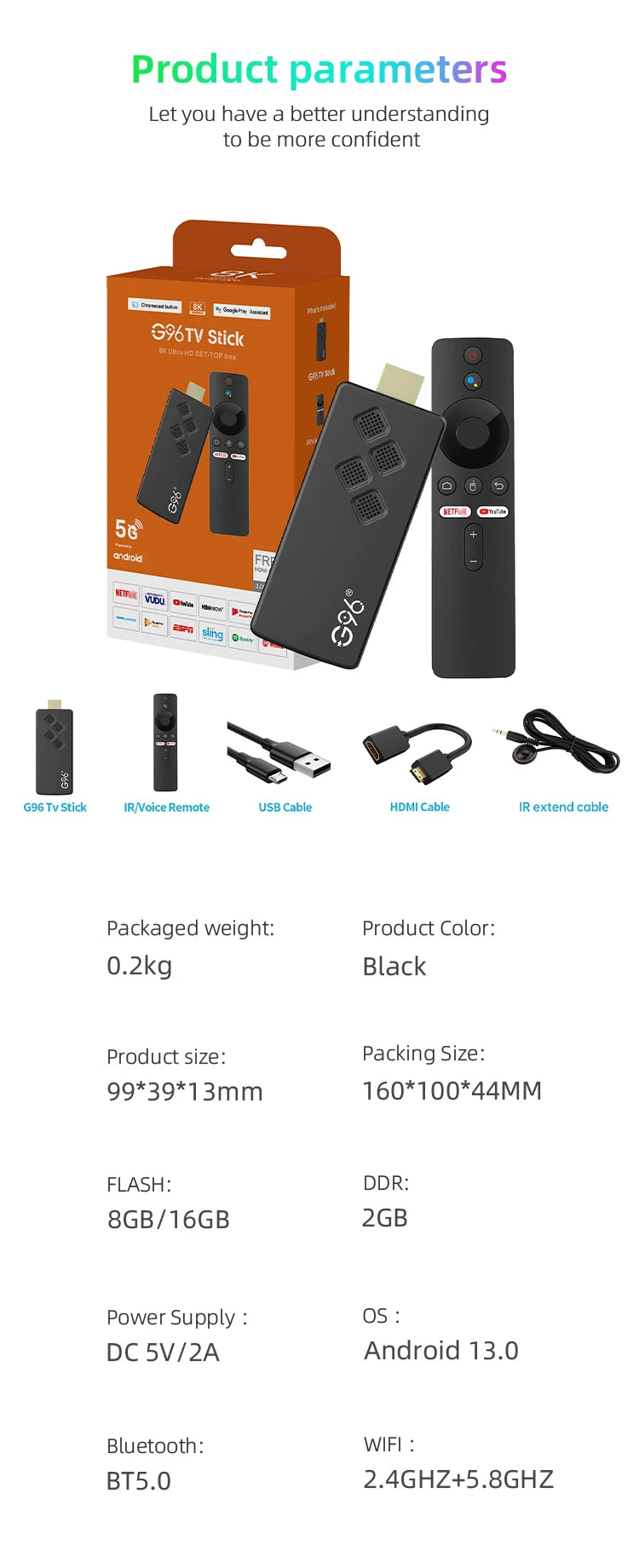 Global Version Android13 G96 TV Stick 8K HDR Portable Streaming Media 2GB16GB Multi Language TV Dongle Allwinner H313 Quad Core