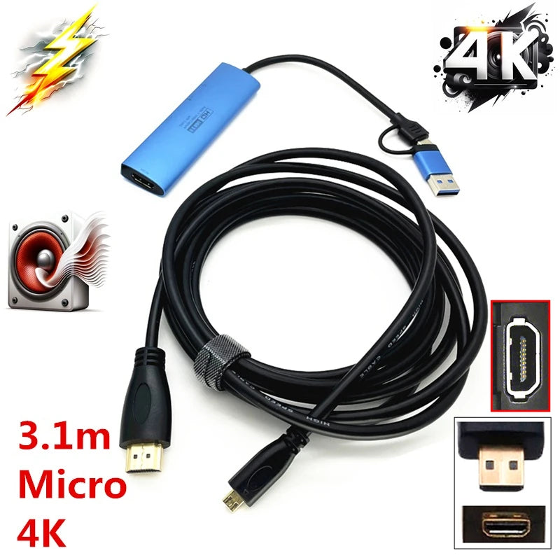 2in1 USB & Type-C to Micro / Mini HDMI-compatible Video Capture Card Live Streaming Cable for Sony Canon Nikon Fuji Camera PC 4K