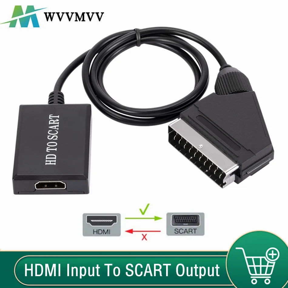 1080P HDMI-compatible to SCART Video Audio Upscale Converter Adapter for HD TV DVD for Sky Box STB Plug and Play DC Cable