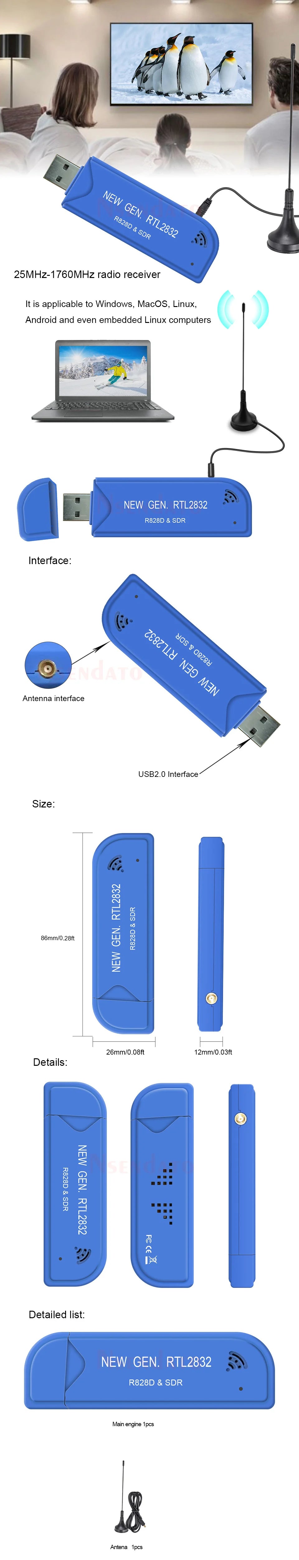 Digital RTL2832U & R828D SDR USB2.0 TV Stick Tuner 25 MHz To 1760 MHz A300U FM SDR TV Receiver Dongle With Antenna For Windows