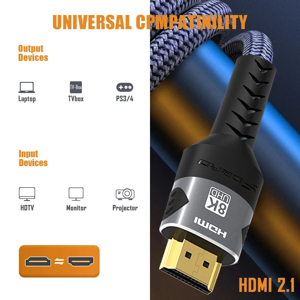 FDBRO 8K HDMI 2.1 Cable 4K@120Hz 8K@60Hz HDMI2.1 Cable 48Gbps Adapter For RTX 3080 eARC HDR10+ Video Cable PC Laptop TV box PS5