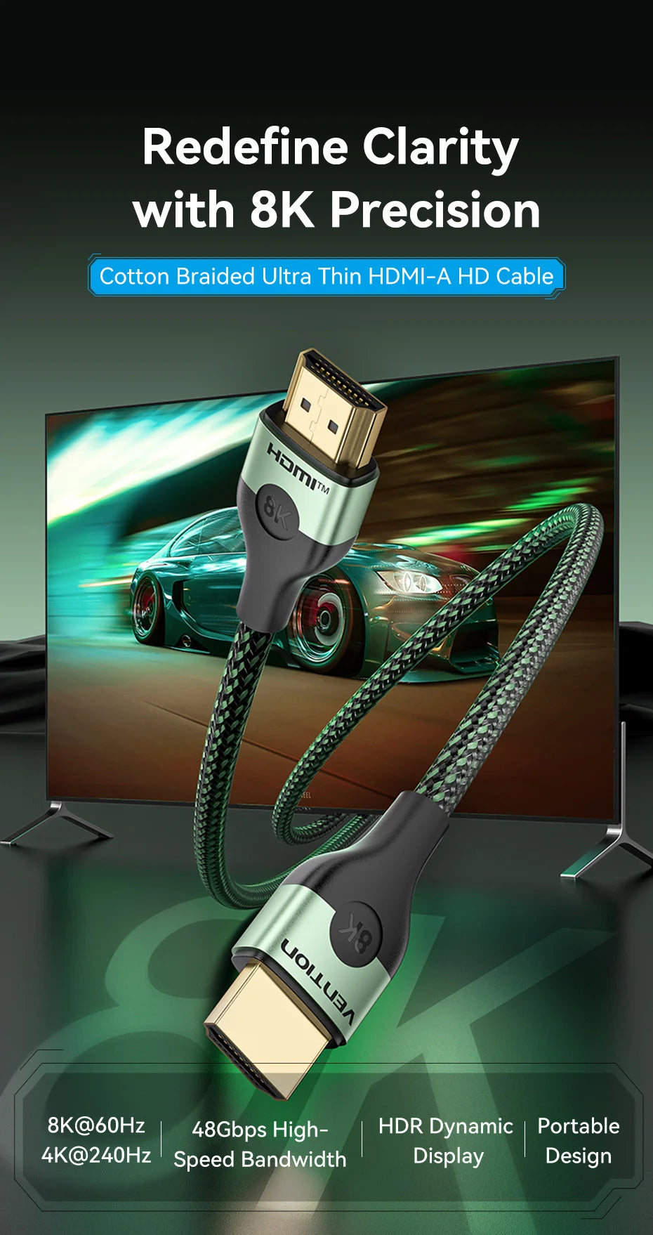 Vention 8K 60Hz HDMI 2.1 Cable 48Gbps High Speed Certified HDMI-Compatible Adapter Cable for PS4 Switch PC Laptop Xiaomi HD TV