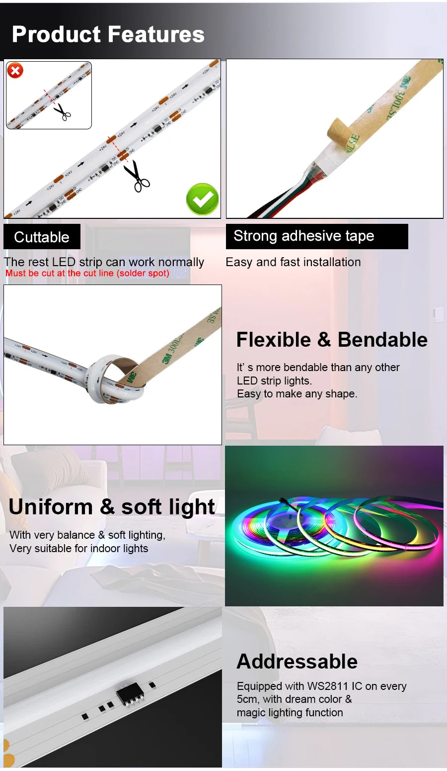 1-25M RGB Addressable COB LED Strip Light 24V WS2811 Pixel LED Strip Tuya WiFi RGBIC LED Ribbon Light Kit For TV Room decoration