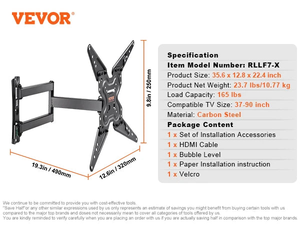 SucceBuy Full Motion TV Mount Fit for 26-90in TVs Swivel Tilt Horizontal Adjustment TV Wall Mount Bracket W/ Articulating Arms