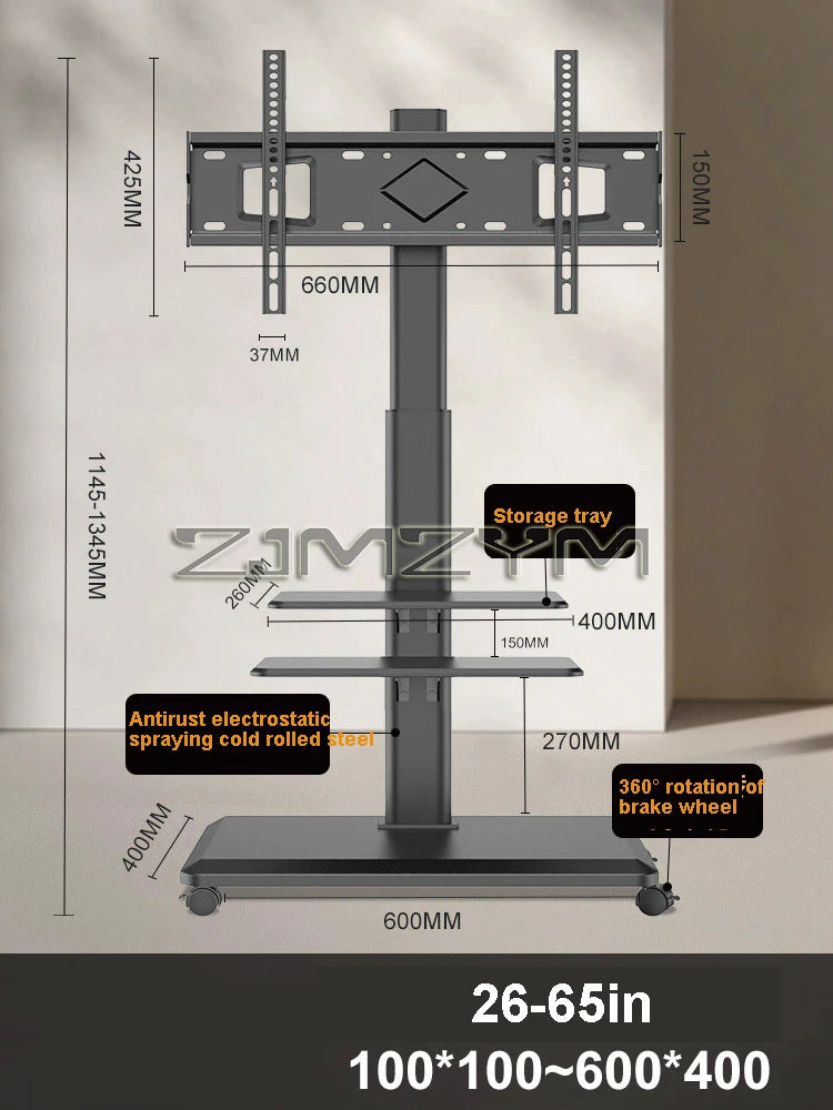 Mobile TV Stand Height Adjustable TV Stand with Wheels Double Tray for Audio-Visual Devices Rolling TV Stand