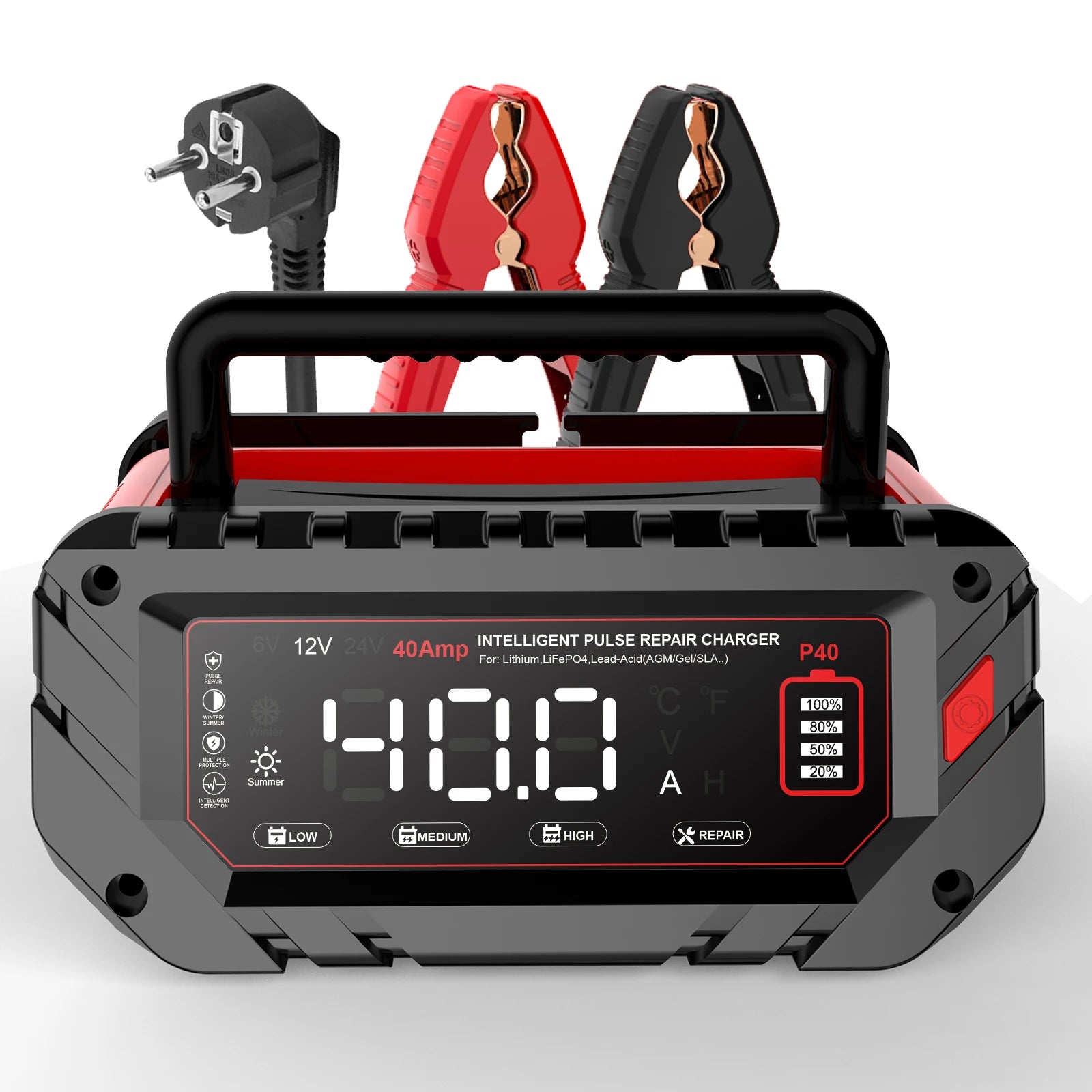 HTRC 40A Battery Charger 6V/12V/24V Automatic Charger for Lithium AGM GEL LiFePO4 Lead-Acid Batteries Car Motorcycle Charger