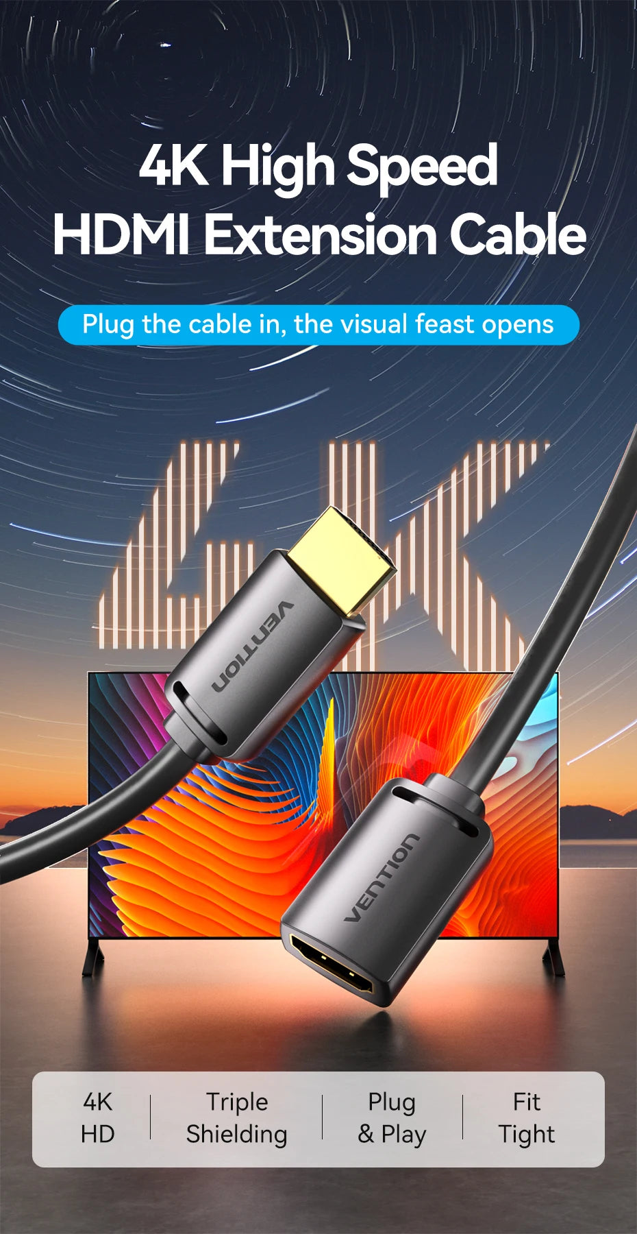 Vention 4K 60Hz HDR HDMI 2.0 Extension Cable for TV HD Nintendo Switch PS4 PS3 PC HDMI Male to Female Extender Adapter Cord