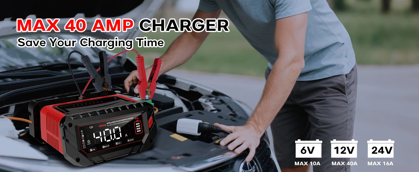 HTRC 40A Battery Charger 6V/12V/24V Automatic Charger for Lithium AGM GEL LiFePO4 Lead-Acid Batteries Car Motorcycle Charger