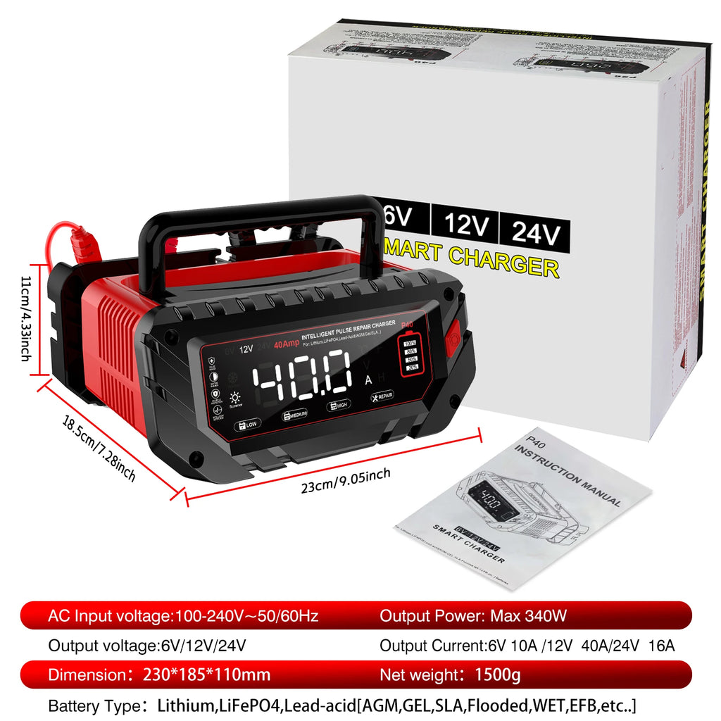HTRC 40A Battery Charger 6V/12V/24V Automatic Charger for Lithium AGM GEL LiFePO4 Lead-Acid Batteries Car Motorcycle Charger