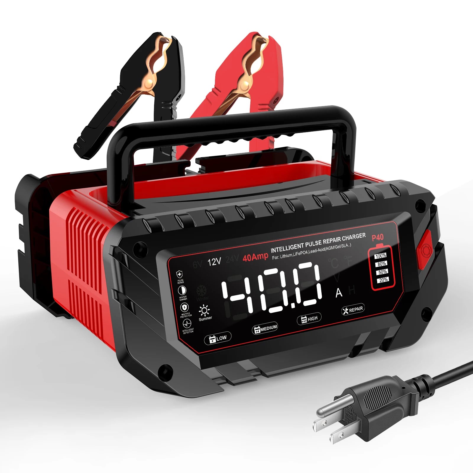 HTRC 40A Battery Charger 6V/12V/24V Automatic Charger for Lithium AGM GEL LiFePO4 Lead-Acid Batteries Car Motorcycle Charger