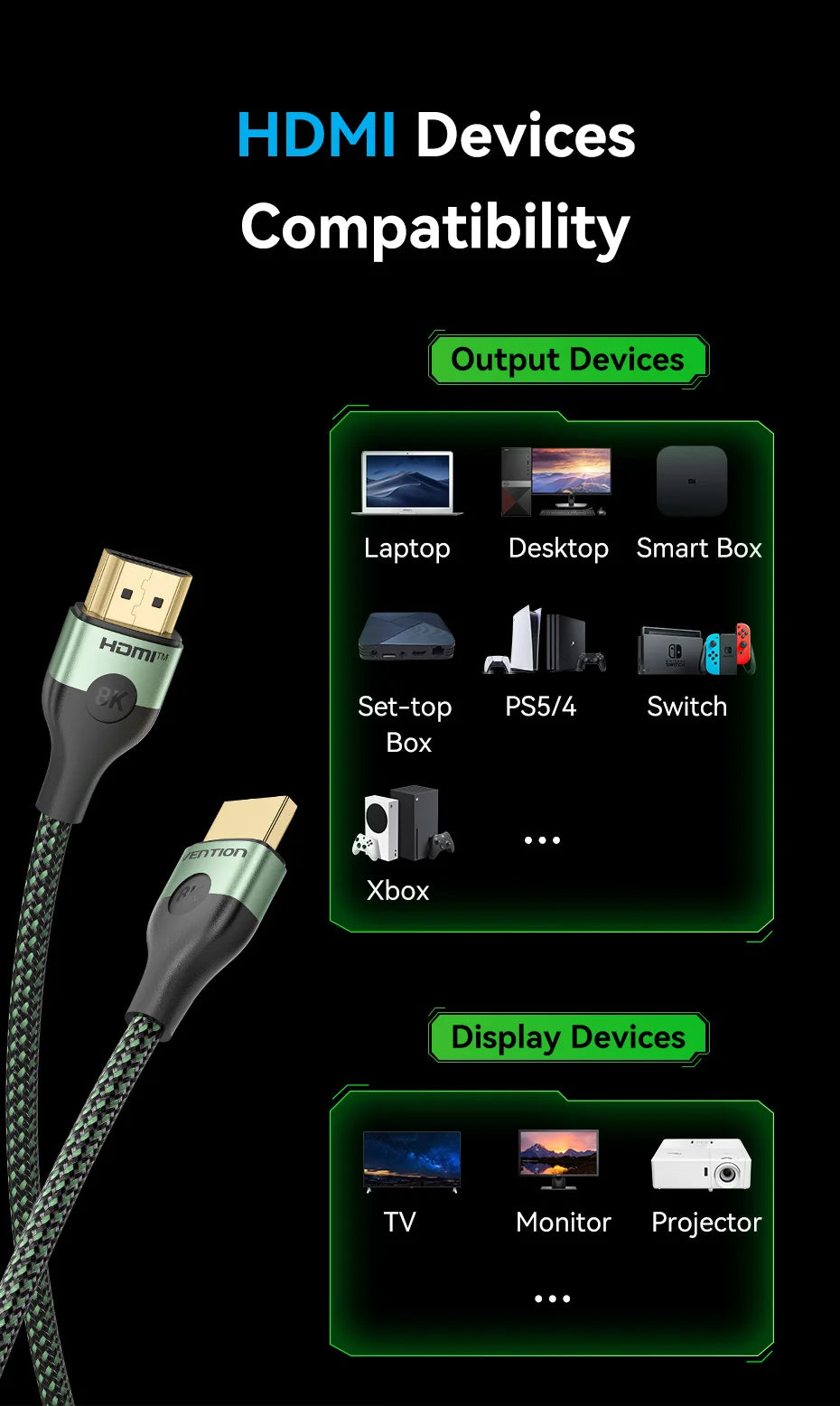 Vention 8K 60Hz HDMI 2.1 Cable 48Gbps High Speed Certified HDMI-Compatible Adapter Cable for PS4 Switch PC Laptop Xiaomi HD TV