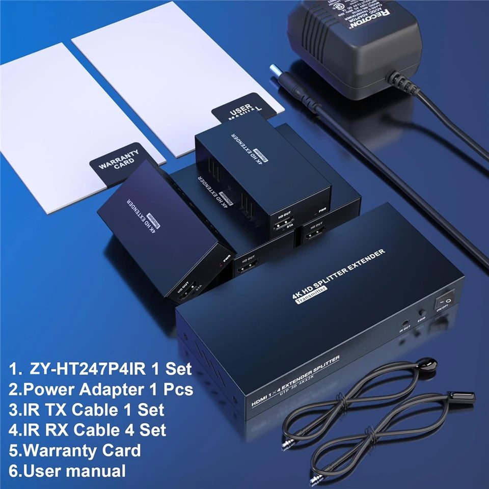 Navceker 4K 60Hz HDMI Extender Splitter 1x4 3D HDMI RJ45 Extender 60m Ethernet Transmission Over CAT5e/6/7 4 Channel 1 Loop Out