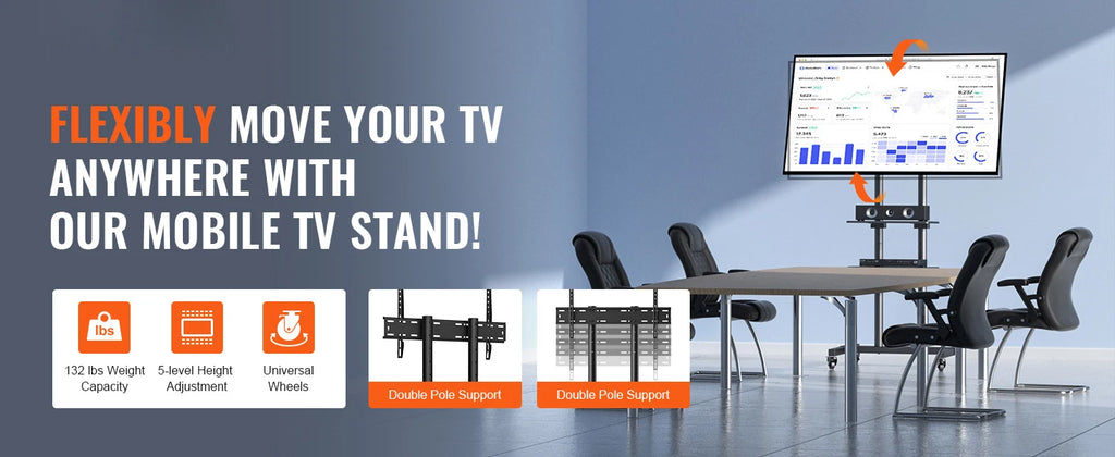 SucceBuy Mobile TV Stand Height Adjustable TV Stand w/ Wheels Double Tray for Audio-Visual Devices Rolling TV Stand for Bedroom